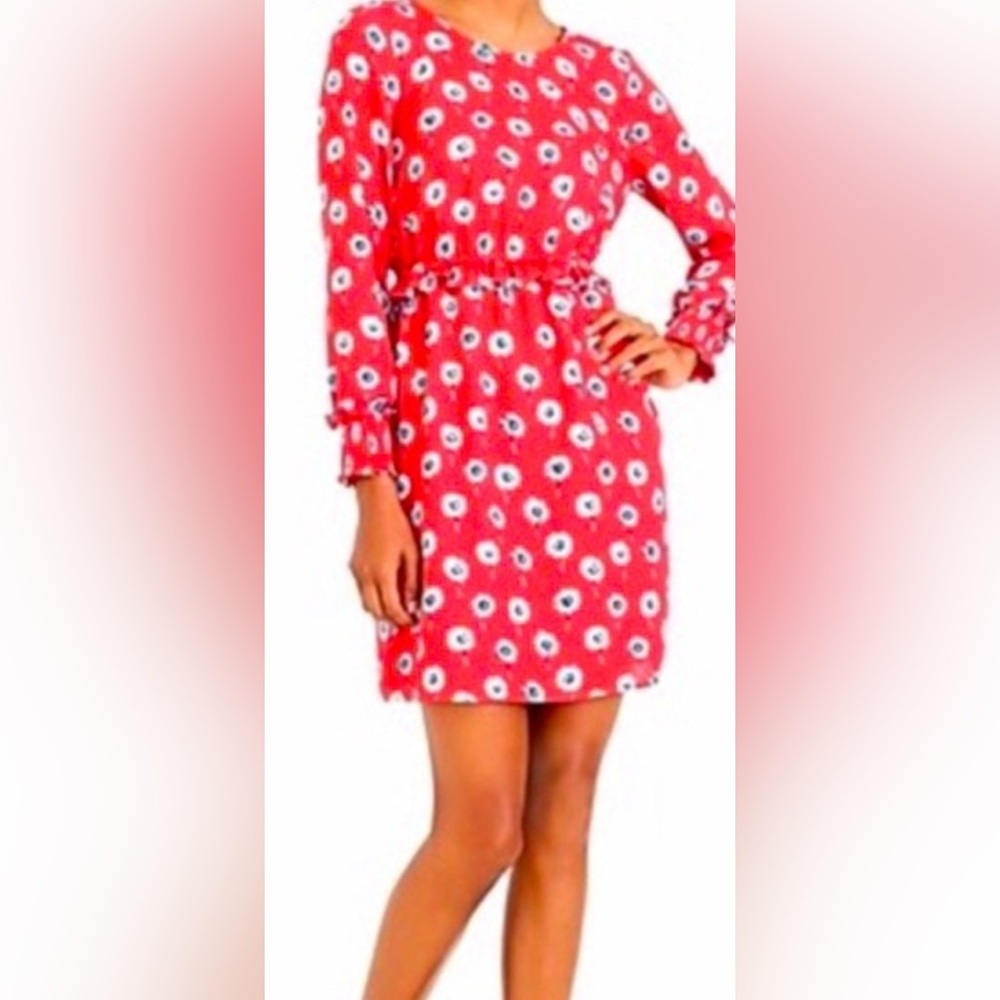 J. Crew Factory Red & White Dress Dandelion Long Sleeve Elastic Ruffle Waist 14👍